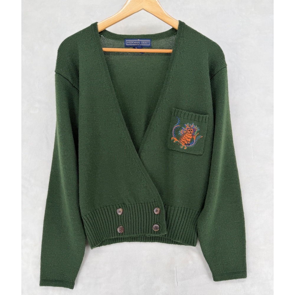 Herman Geist Vintage Green Wool Blend Owl Embroidered Wrap Cardigan Sweater S